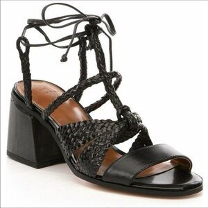 NWT H Halston sz 7 Piper black leather braided strappy block heeled sandals